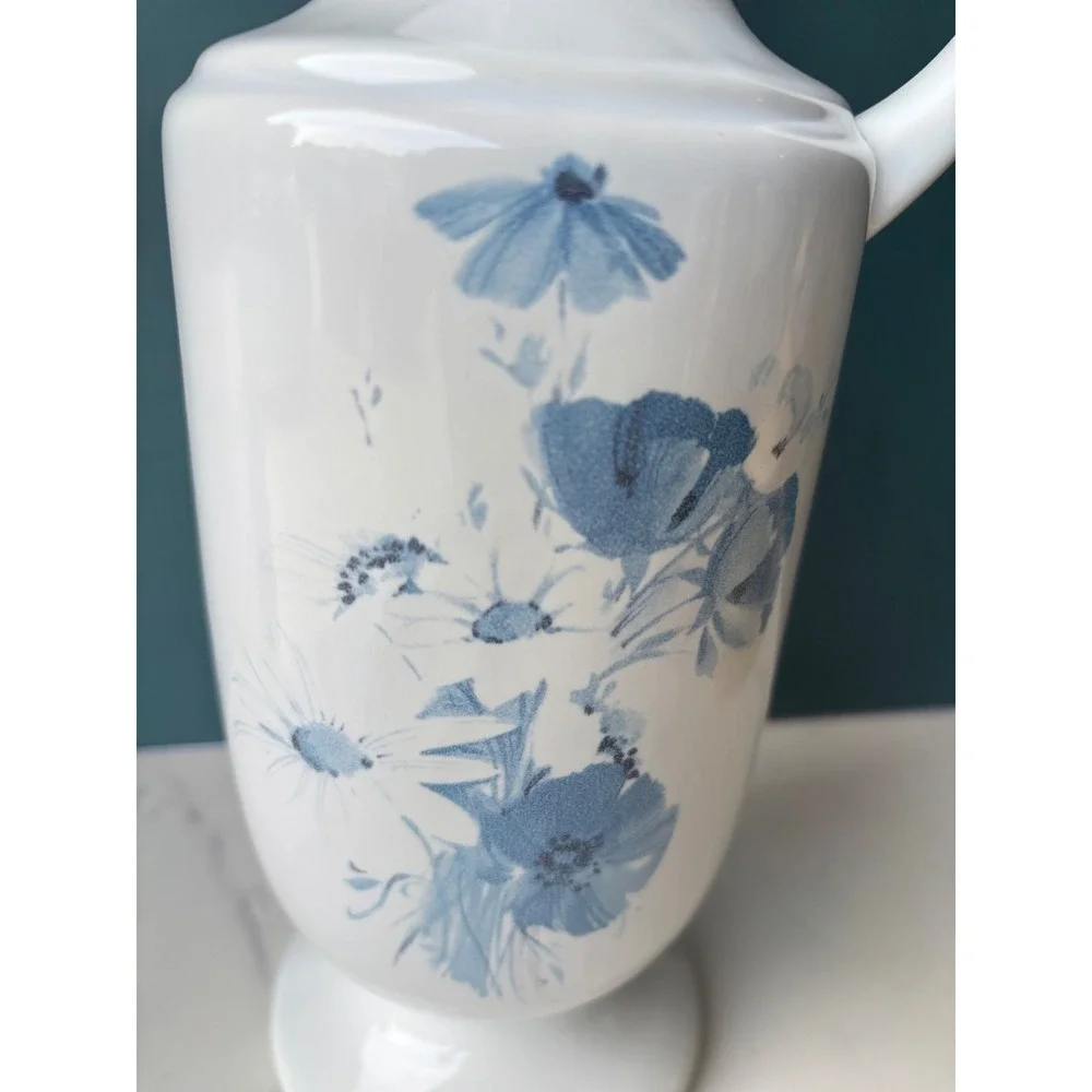 Vintage Royal Haeger White Blue Floral Ceramic Pitcher Vase Ewer Dundee IL 12in